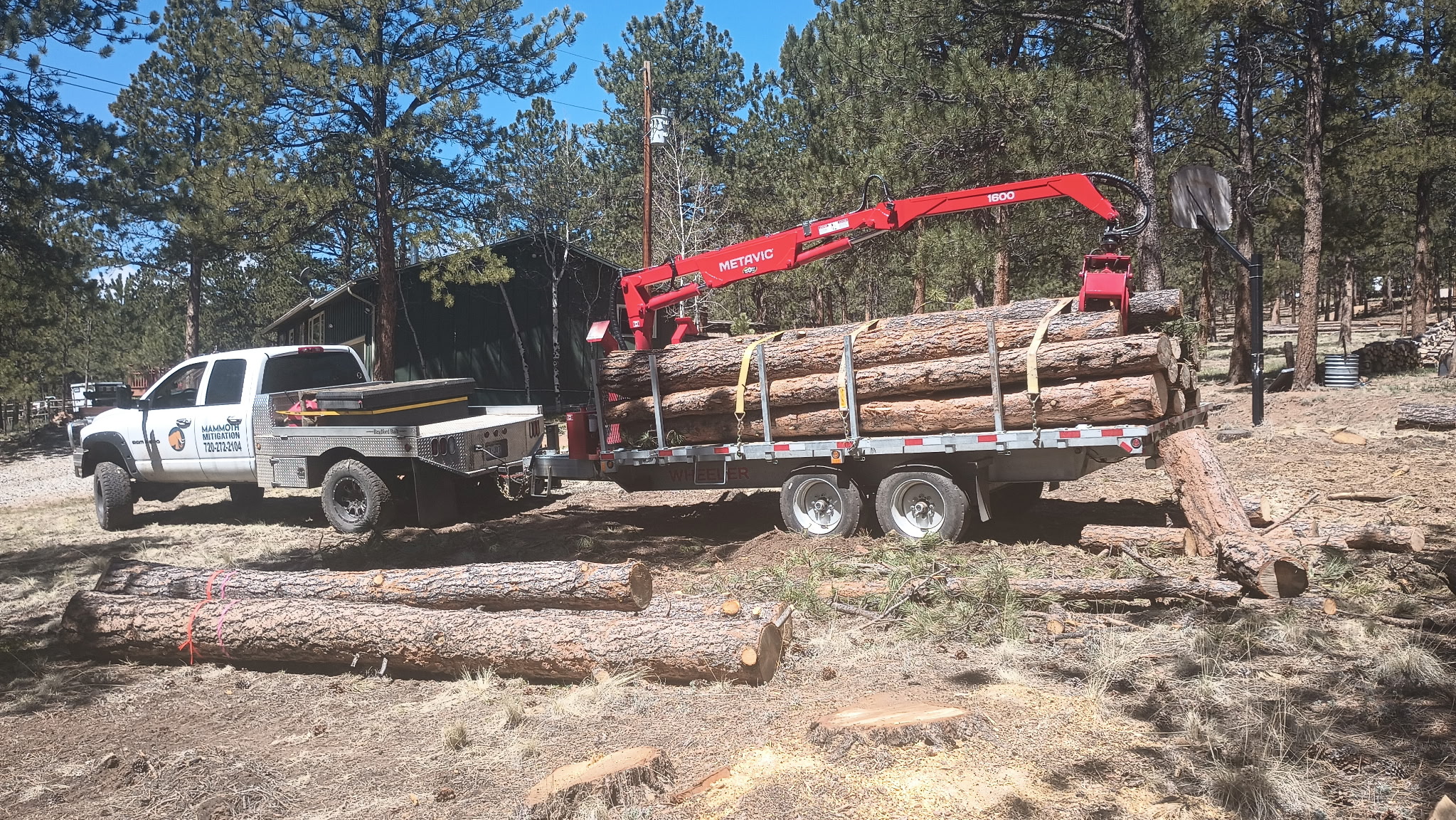 Crane loading logs onto a trailer in a forested Colorado property